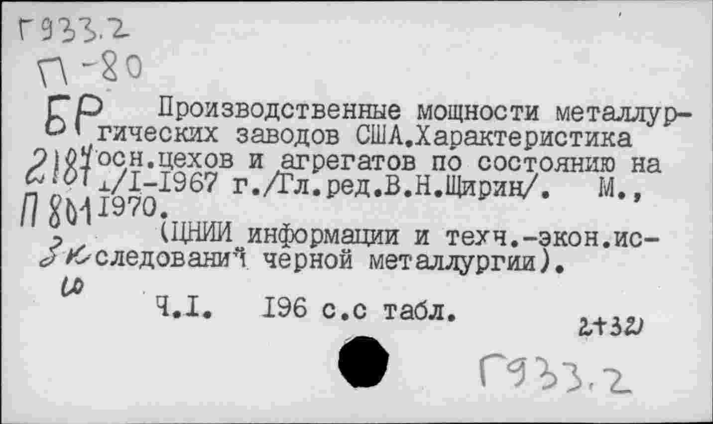 ﻿Гр Производственные мощности металлур-и ’ гических заводов США.Характеристика 21м ос,н.цехов и агрегатов по состоянию на по.1^п1967 г-Д’л.ред.В.Н.Щирин/. М., //
•> НЩИИ информации и техч.-экон.ис-<$ & следований черной металлургии).
4.1.	196 с,с табл.
